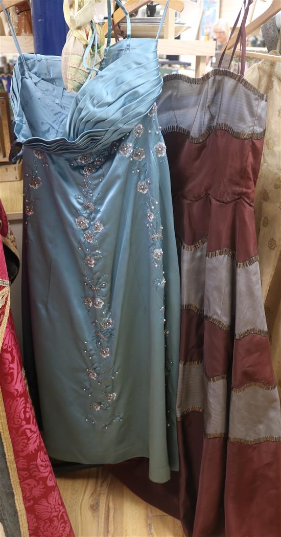 A 1950s turquoise, satin and beaded evening dress and an earlier net and taffita dress